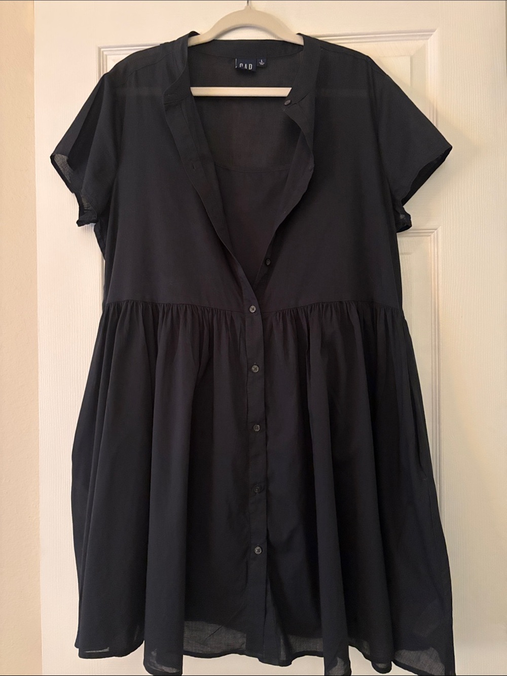GAP Black Short-Sleeve Babydoll Button-Front Mini Dress